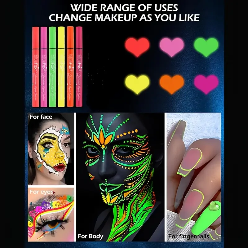 6pcs Glow in the Dark Face,Body Paint Set,Shimmer Liquid Eyeliner, Neon Fluorescent Makeup Sticks for Halloween,Music Festivals