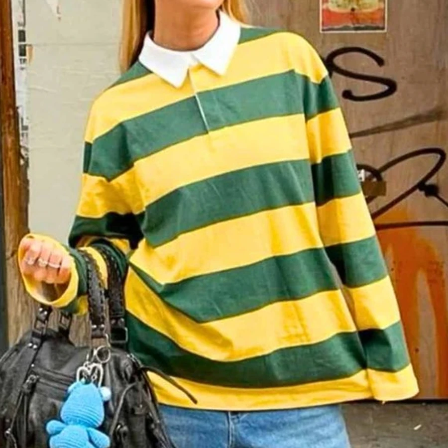 قمصان نسائية من Streetwear بياقة مقلوبة وأكمام طويلة مرقعة ملابس فضفاضة للخريف Y2K