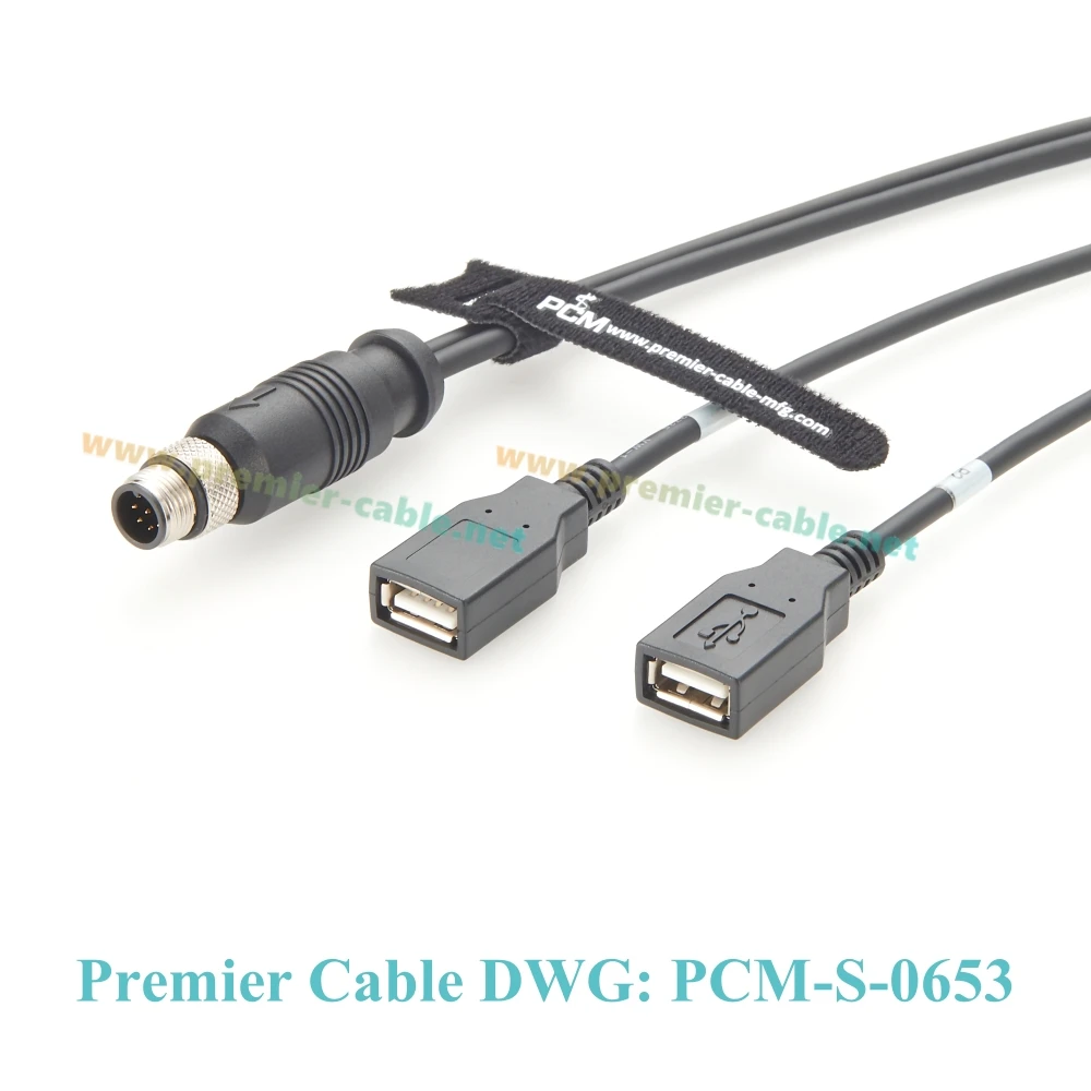 M12 A Code 8-pins mannelijk naar dubbele USB 2.0 vrouwelijk verlengkabel IP67 waterdichte M12 Y-splitterkabel compatibel M12-2USB-300