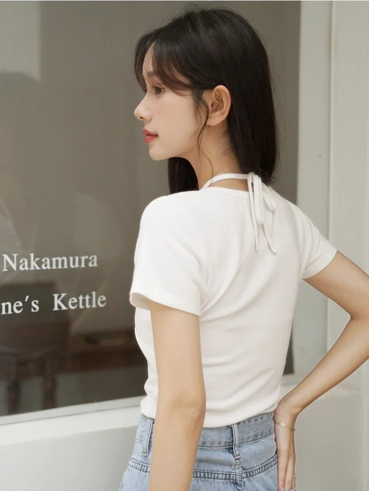 Femmes licou cou haut court v-avant cordon dame t-shirt à manches courtes élégant ajusté haut d'été décontracté solide Design vêtements de mode
