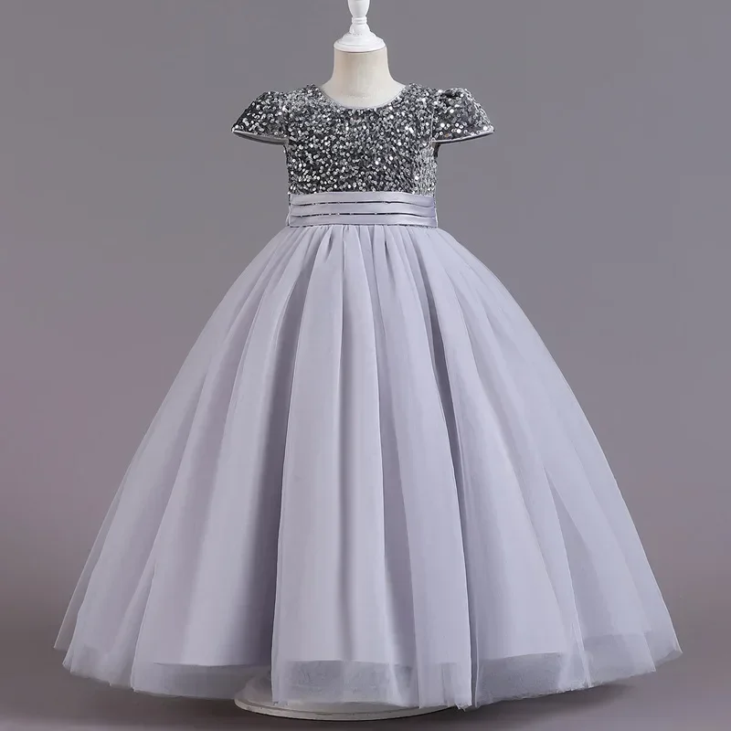 Bridesmaid Girls Party Events Birthday Dresses Women Wedding Elegant Princess Young Children's 3 To 12 Years Long Sequin Dress