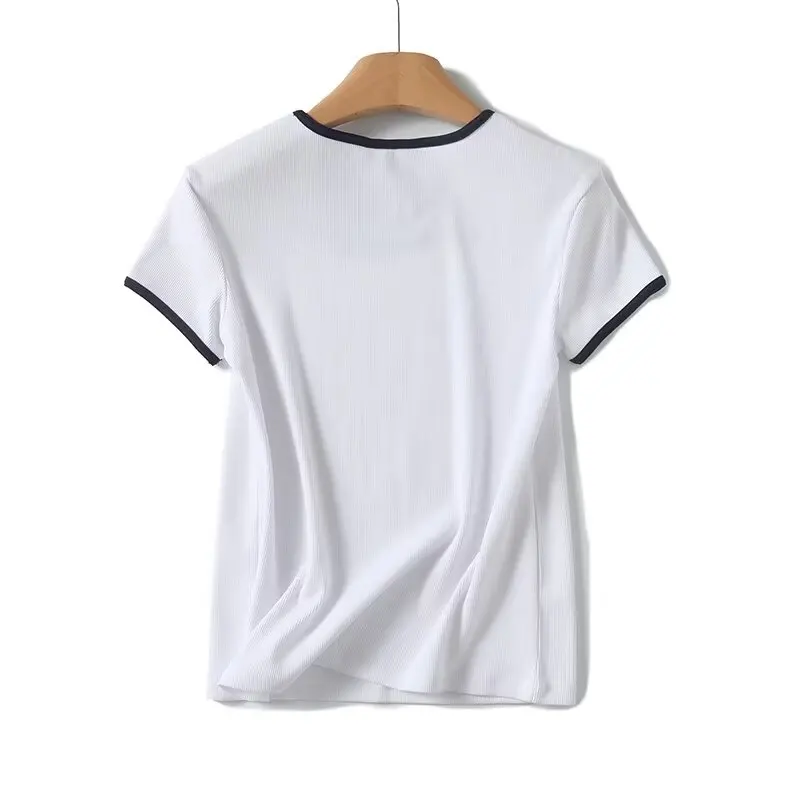 Women's 2024 New Fashion Temperament Joker Slim Version Contrast O-neck Shoulder T-shirt Retro Short-sleeved T-shirt Chic Top