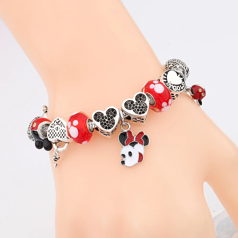 Mix Style Cartoon Disney Mickey Minnie Charm Bracelet Red Crystal Beaded Jewelry Antique Silver Color Heart DIY Bracelet