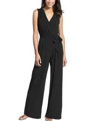 Jumpsuit Women Summer Sleeveless Sexy Deep V-neck Solid Color Lace-up High Waist Wide Leg Jumpsuits Elegant Office Lady Suits