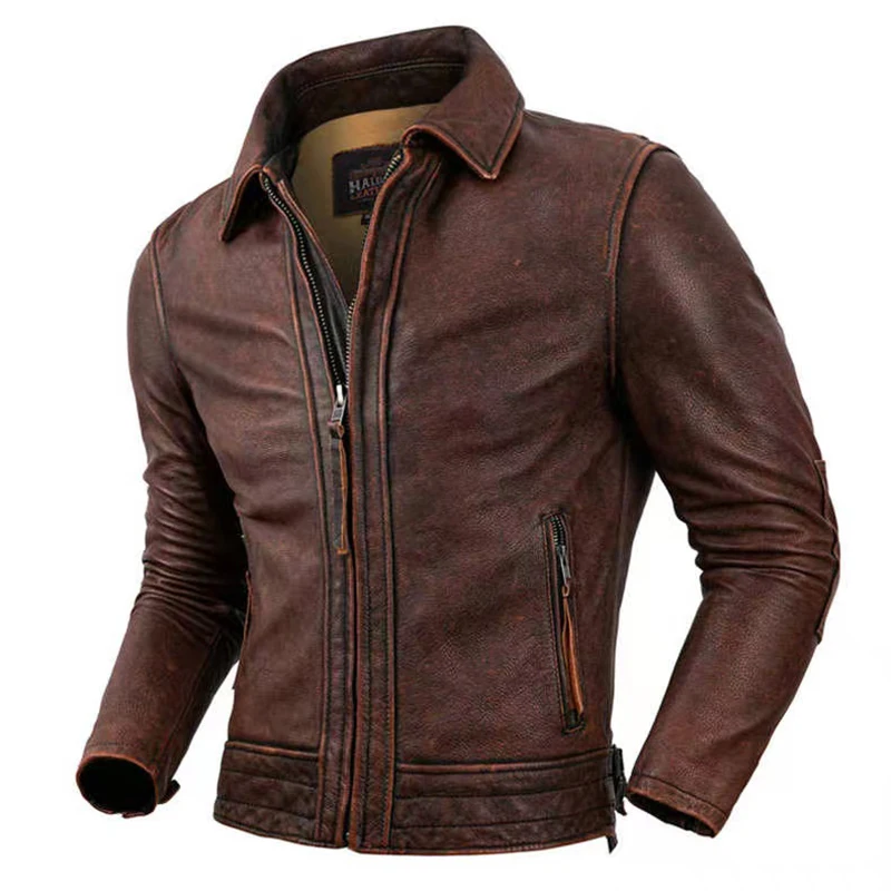 New Bomber Jacket 100% Top Layer Cowhide High Quality Retro Red Brown Lapel Motorcycle Tuxedo Men\'s Jacket