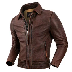 New Bomber Jacket 100% Top Layer Cowhide High Quality Retro Red Brown Lapel Motorcycle Tuxedo Men's Jacket