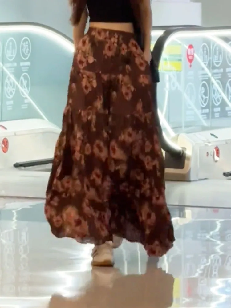 

Новая летняя повседневная длинная юбка с цветочным принтом, с завышенной талией, универсальная, в стиле ретро, модная, больших размеров, женская, 2024