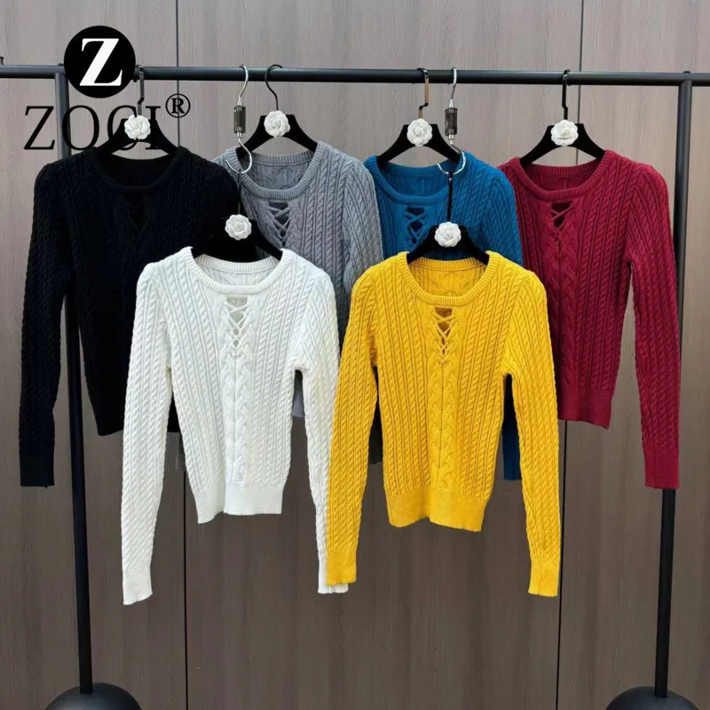 [ZOCI] autumn and winter round neck long sleeved woven lace up design, tight fitting and slimming, pure and stylish