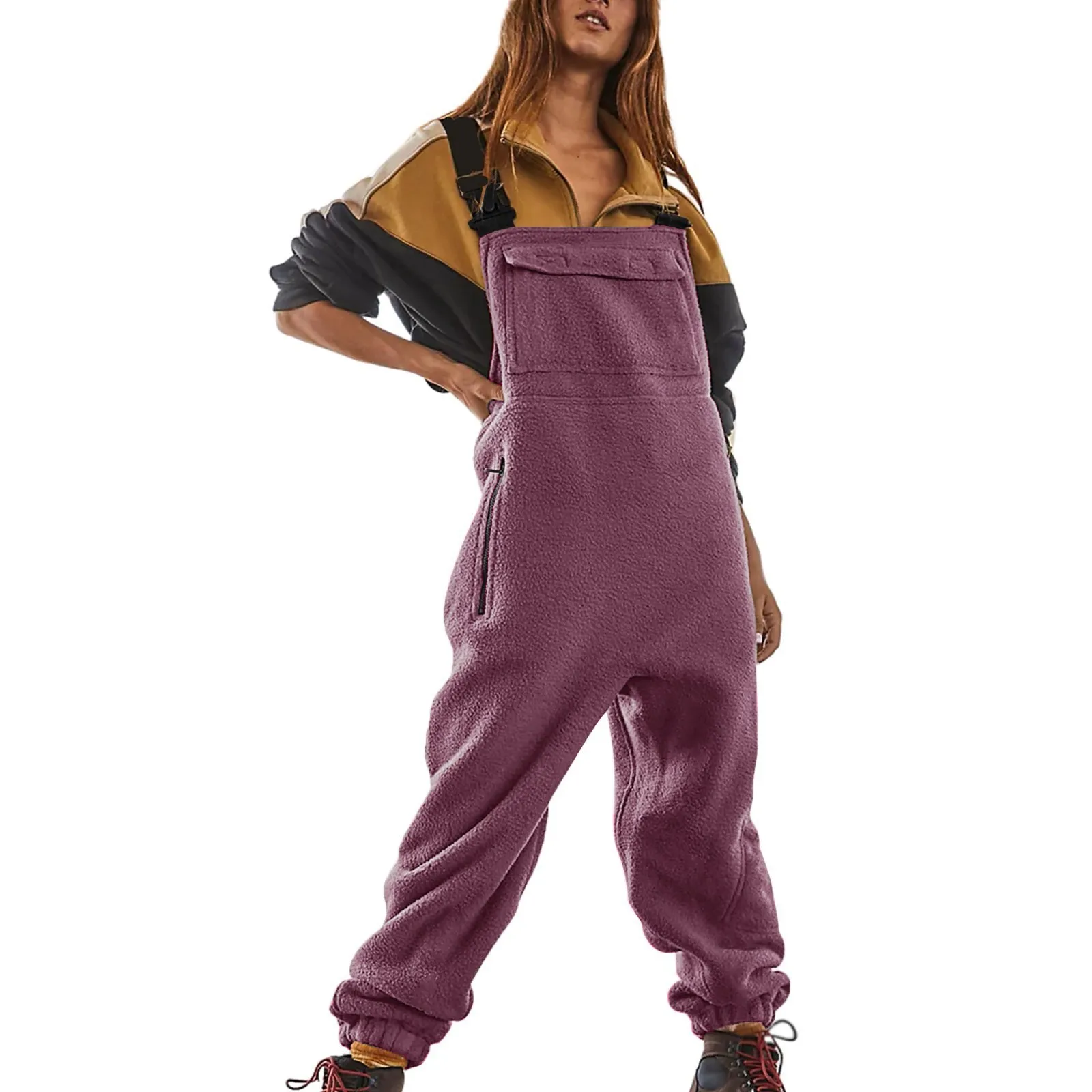 Women'S Oversized Jumpsuit, Women'S Solid Color Fashionable Jumpsuit With Pockets, Autumn And Winter Plus Plush Thick Jumpsuit