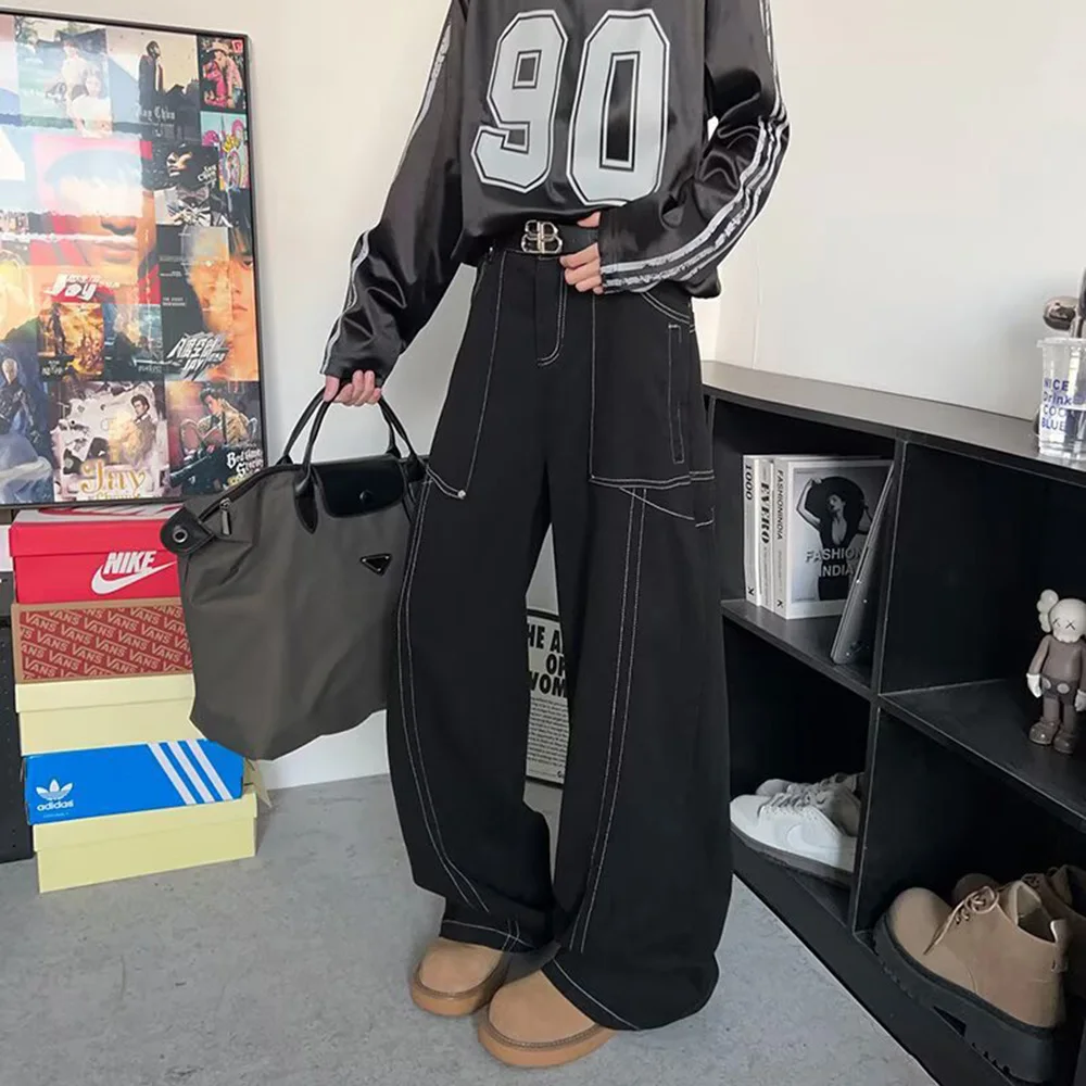 夏のメンズだぶだぶのジーンズソリッドカラーシームオーバーオール大きなポケットカジュアルファッショントレンドストリートヒップホップシンプルなニッチメンズボトムス