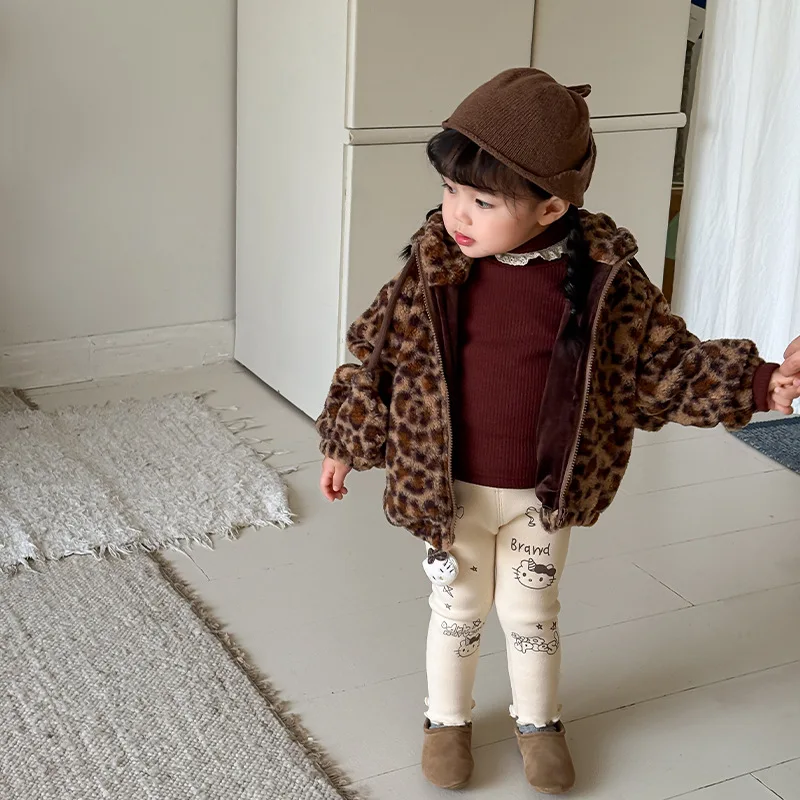 Girls Coat 2024 Winter New Childrens Clothes Korean Style Baby Girls Foreign Cute Leopard Fur Coat Casual Simple Daily