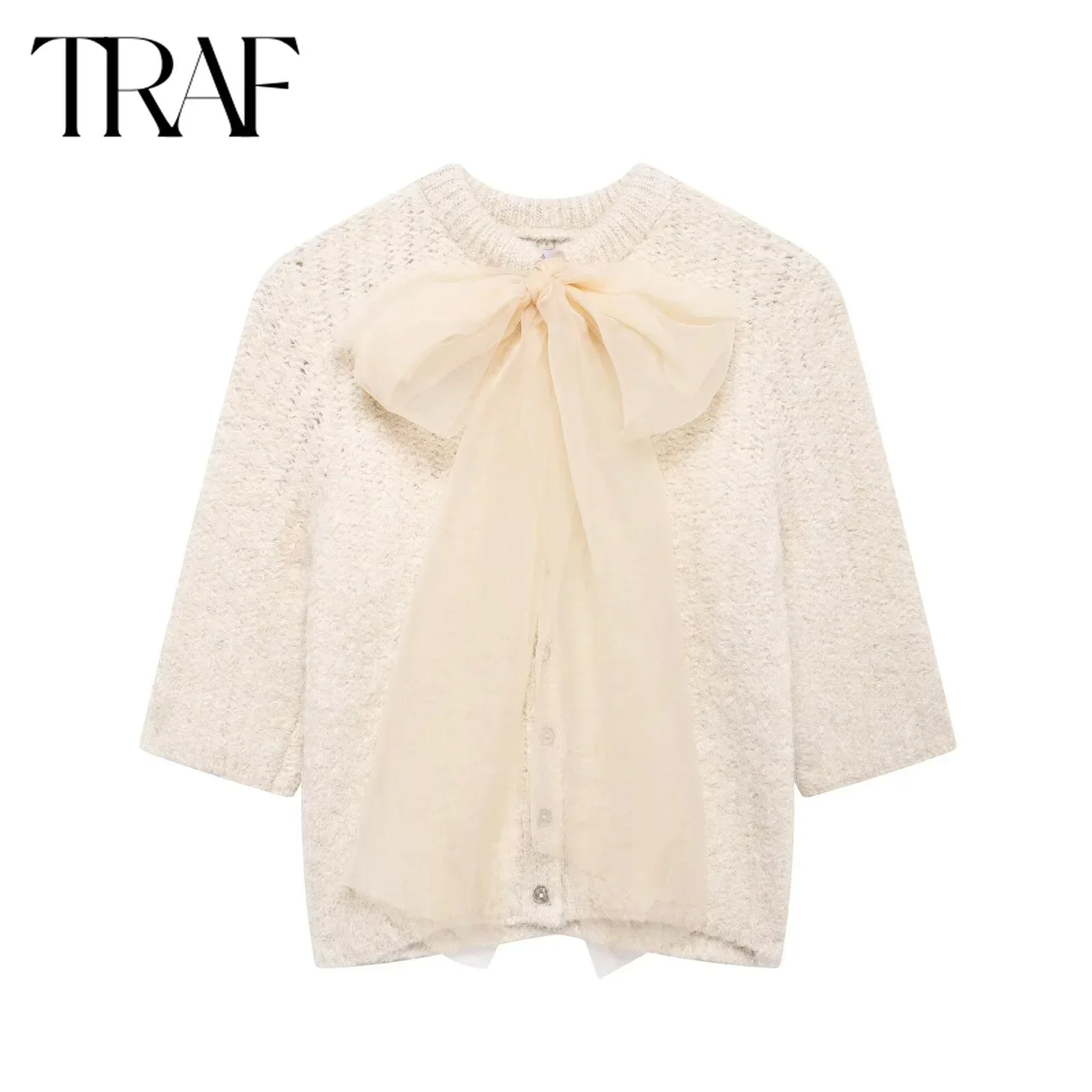 TRAF Knitted Cardigan for Women Fashion 2024 Autumn Winter  New Hard Yarn Bow Short Sleeve Single Breasted O-neck Jacket