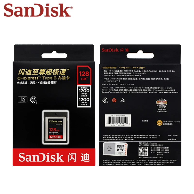 بطاقة ذاكرة SanDisk الاحترافية CFexpress Type B 4K V90 U3 CFE بطاقة 64GB 128GB 256GB 512GB Max 1700Mb/s CF للكاميرا