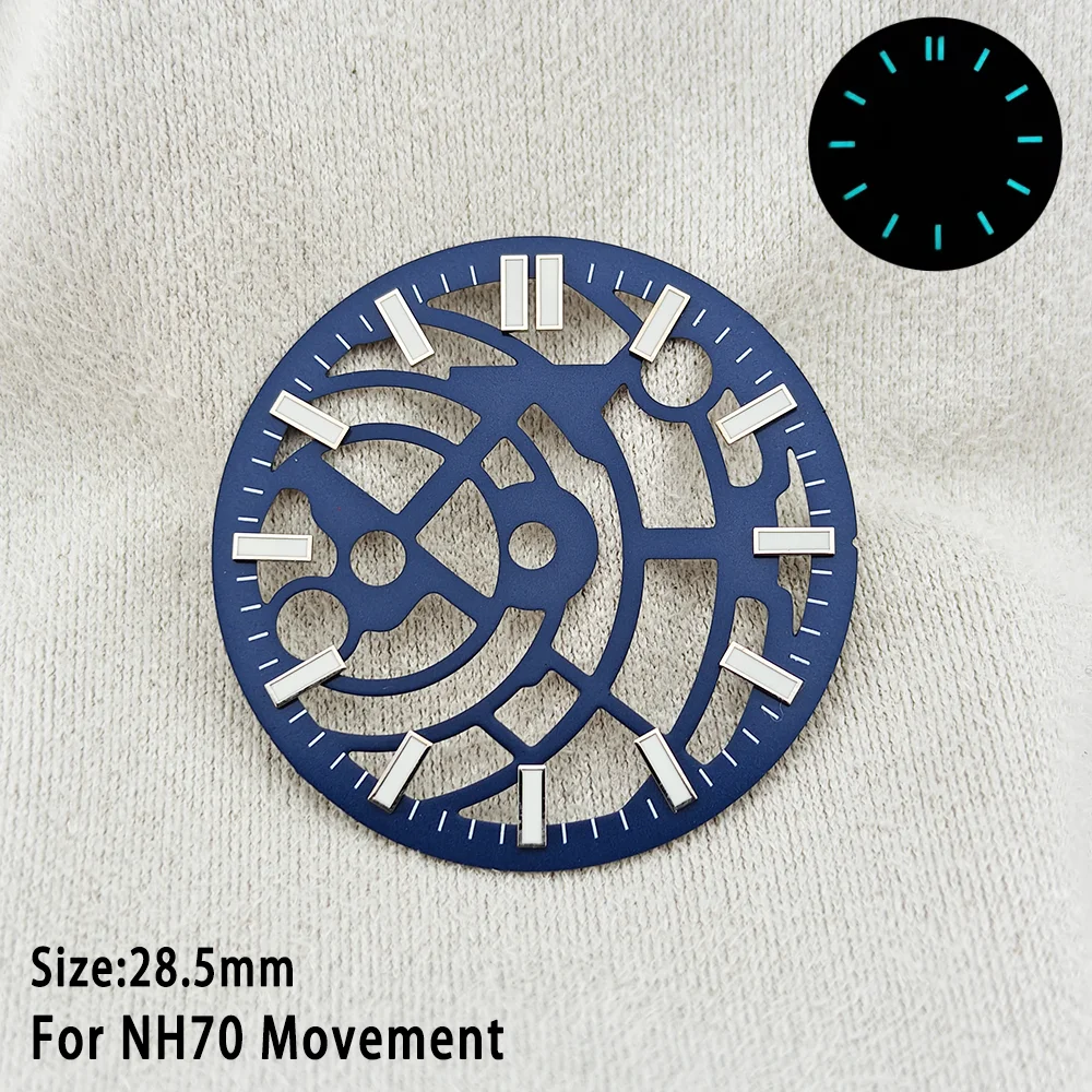 For NH70 Hollow Skeleton Dial 28.5mm C3 Green Luminous Black Blue Hollowed Out Dial Fit NH70 NH72 Movement