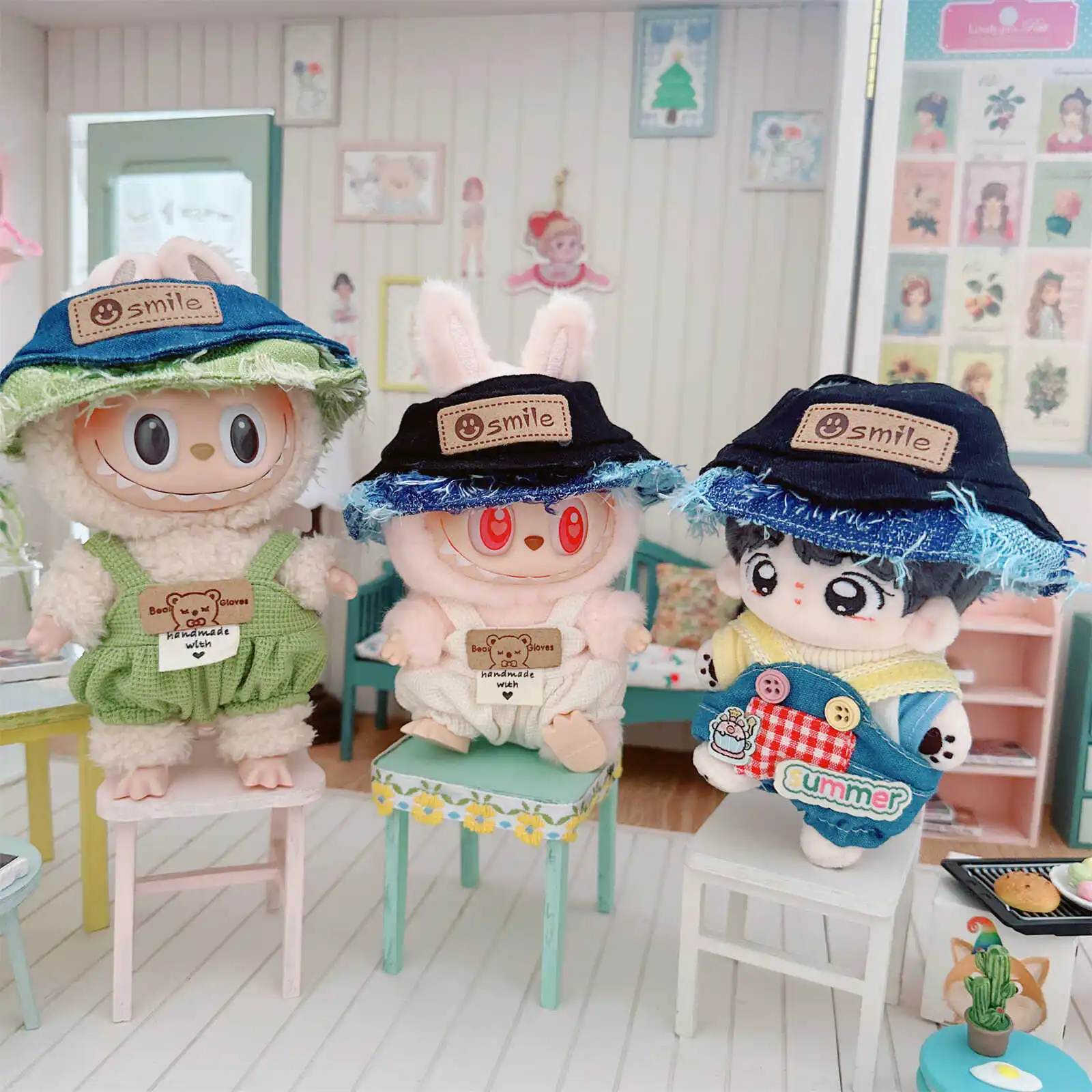 Cute Mini Plush Doll Clothes for Boys, Kawaii Rompers, Denim, Splicing Hat, Idol, Changing Clothes, Anime Games, Gifts, 10cm