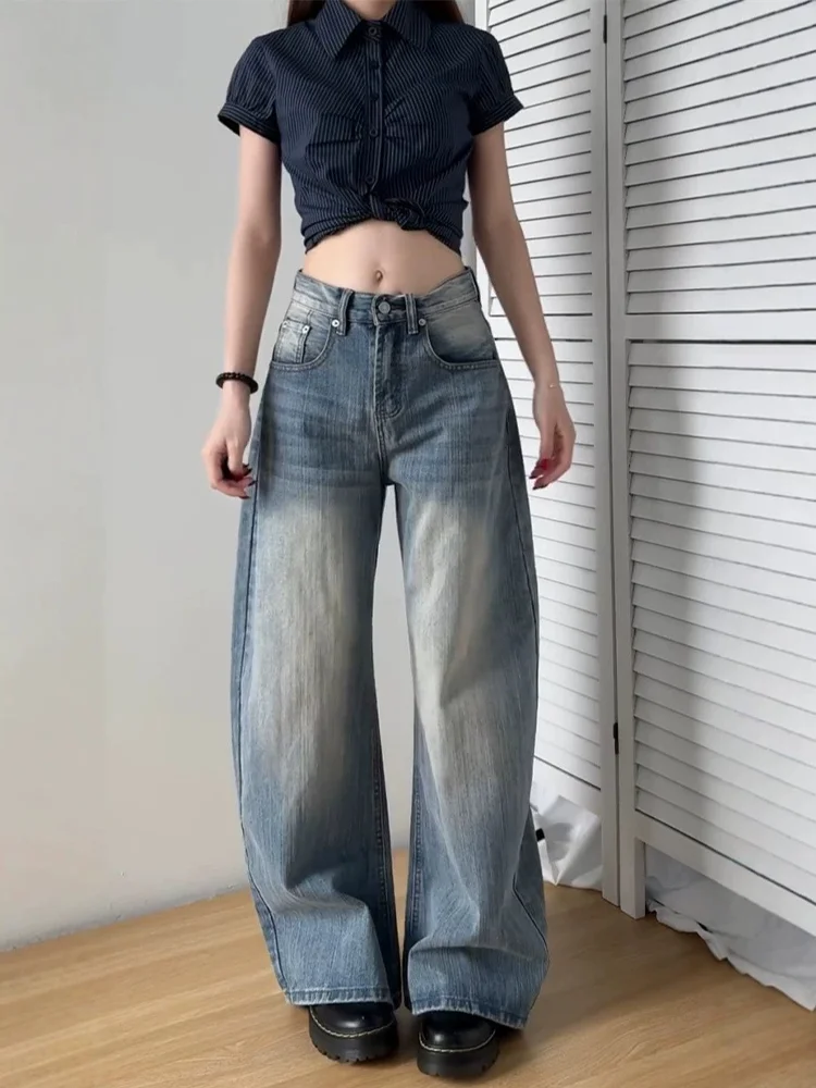 High Waist Wide Leg Denim Jeans Women Loose Fit Blue Washed Bamboo Texture Straight Cut Slimming Versatile Casual Trousers