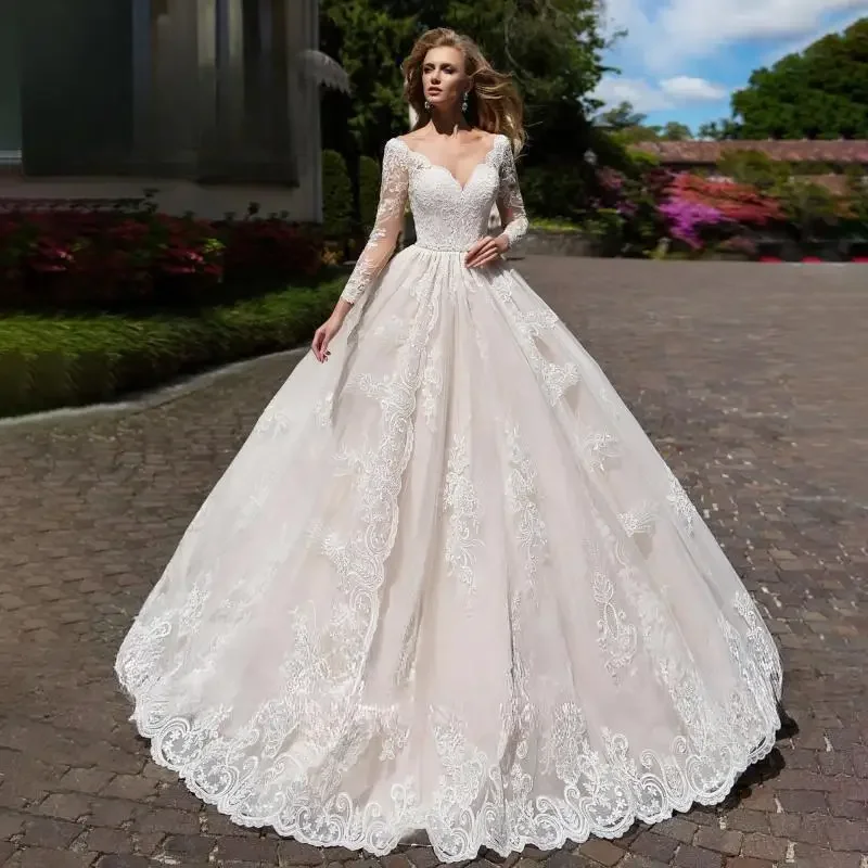 

Великолепное бальное платье по индивидуальному заказу, свадебное платье с длинным рукавом, модное платье с вырезом на пуговицах и аппликацией, элегантное свадебное платье