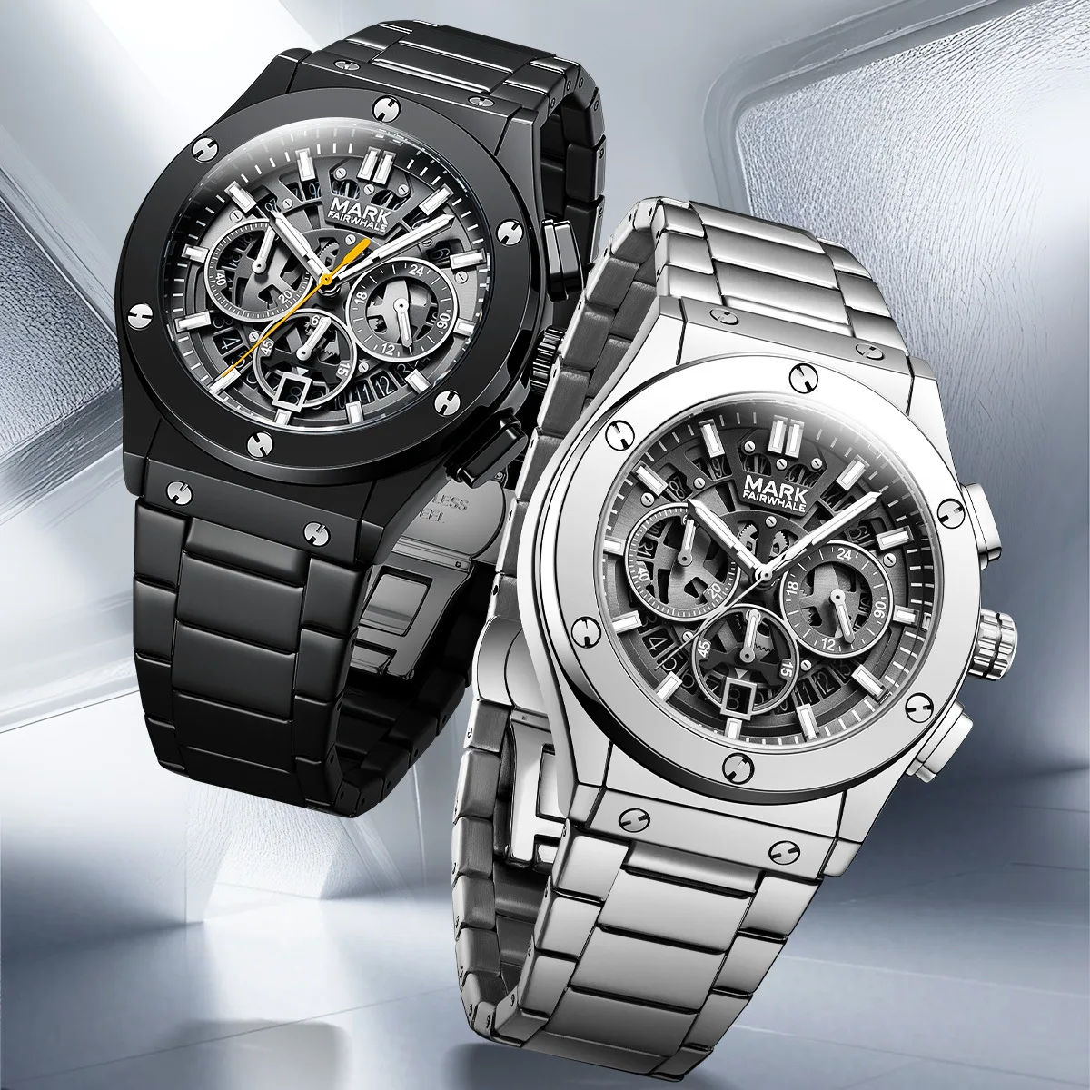 

Mark Fairwhale 5037, мужские крутые черные часы, роскошные стальные полоски, многофункциональный хронограф, автоматические часы с датой для мужчин, Reloj