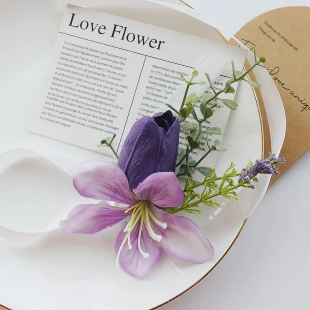 Conjunto de ramillete y ojal morado para boda, graduación, pulseras de ramillete de muñeca con flores artificiales, pulsera de ramillete de regreso a casa