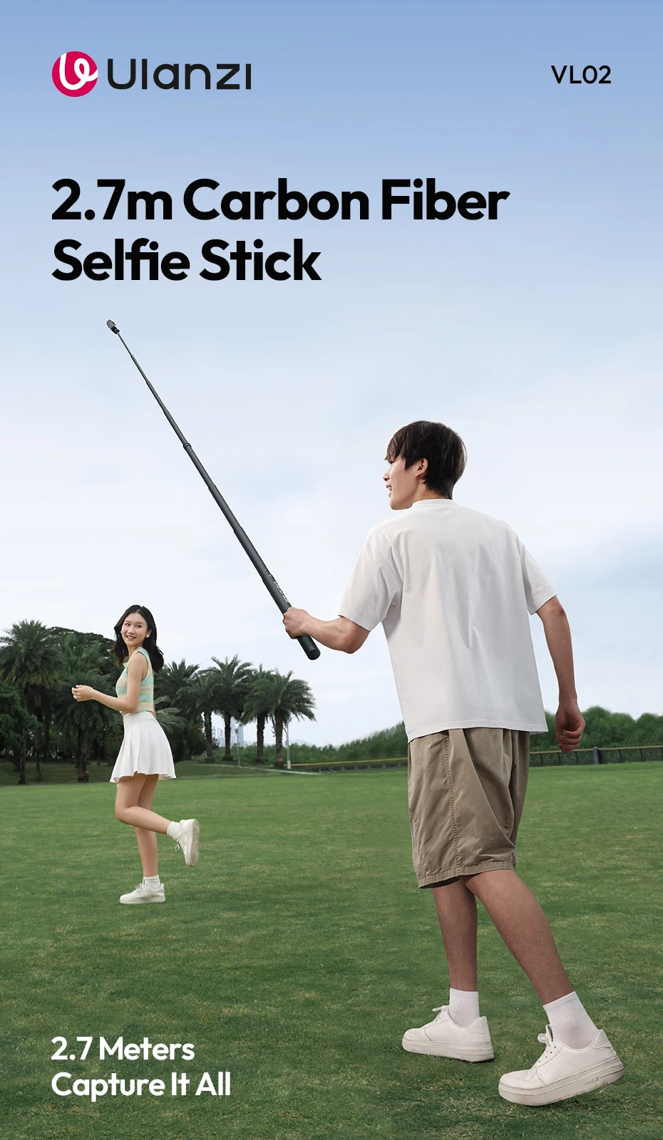 Ulanzi VL02 2,7 m Kohlefaser-Selfie-Stick, 8-teilig, mit 1/4 Zoll Halterung für Smartphone-Action-Kameras, Live-Streaming, Vlog-Aufnahmen – Detail 1