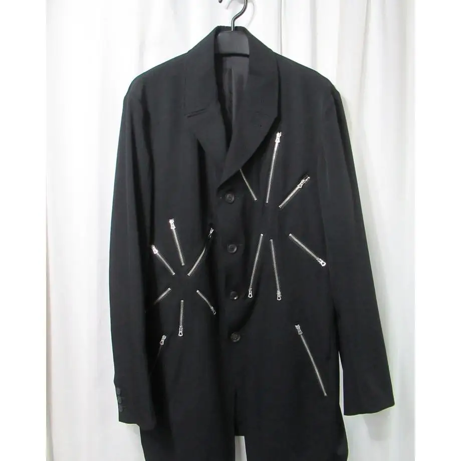 TOP-YAMAMOTO ® Dark Color Denim Fashion Slant Zipper Wool Suit Men's Black Casual Jacket Original