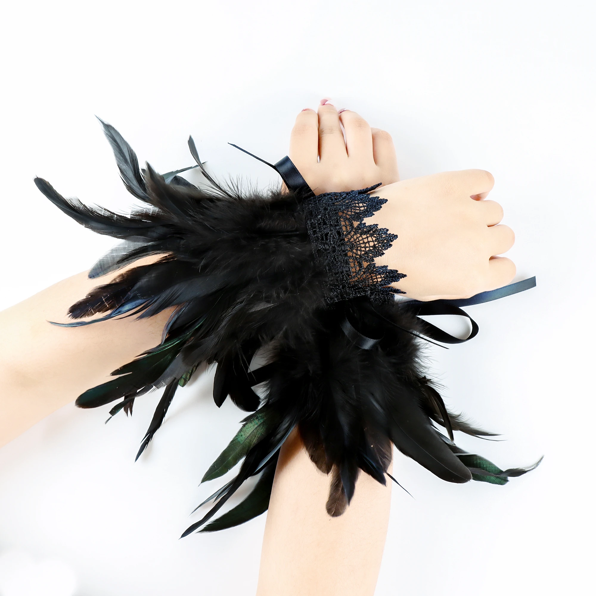 Lace Blue Black Feather Bracelet Gothic Punk Style Stage Performance Accessories Festival Carnival Women\'s Clothing Accessories