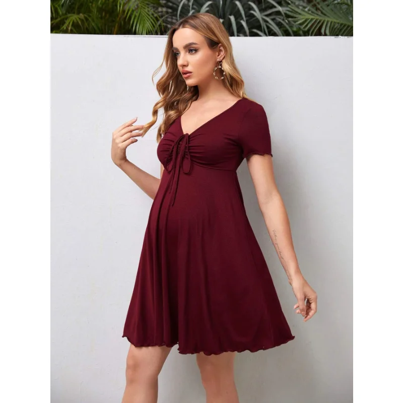 Maternity Clothes Dresses Summer Pure Colour V-neck Women Dress Loose Plus Size Pregnant Skirts Casual Clothing