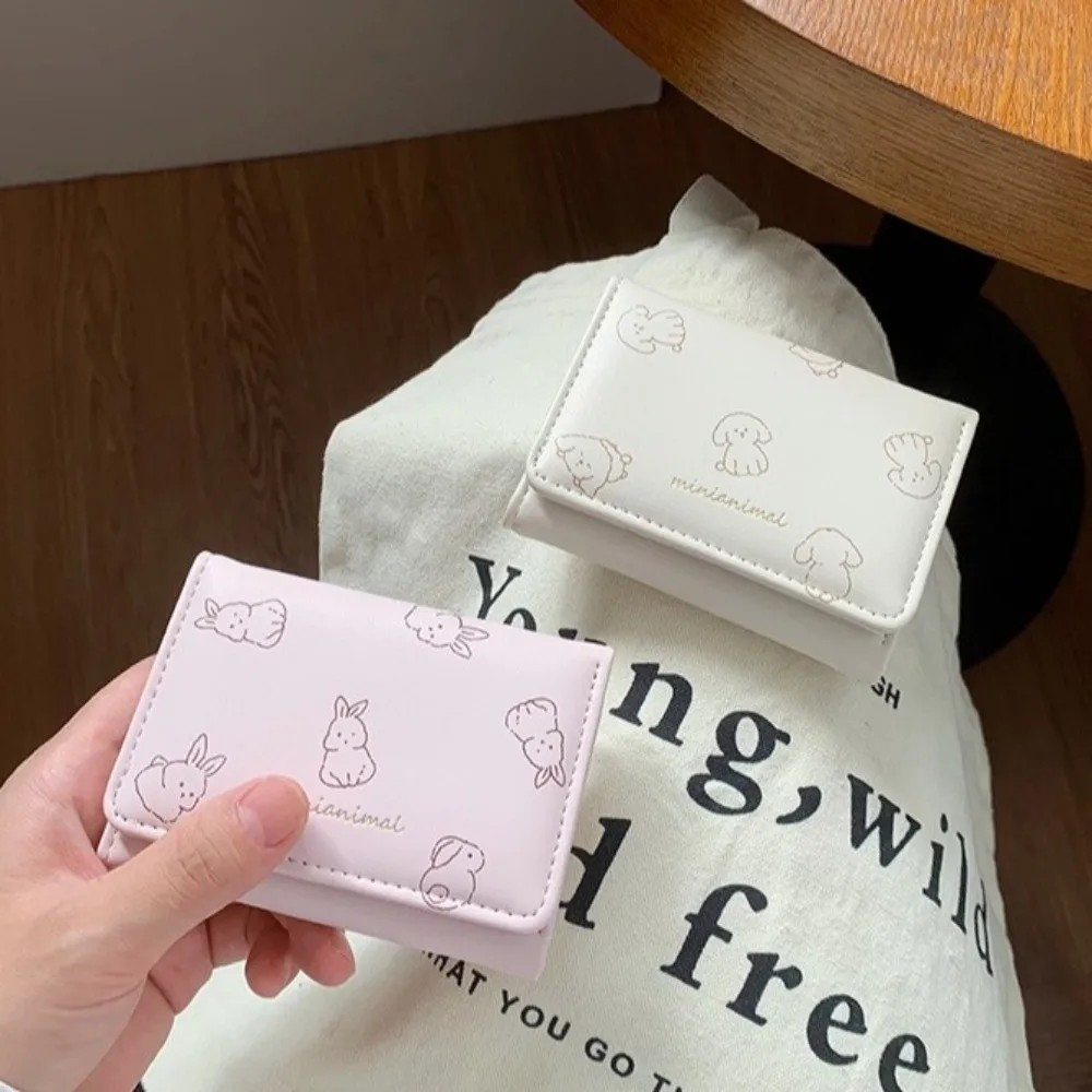 Compact Korean-Style Cartoon Trifold Wallet Cute Pattern Soft Card Holder Minimalist Cat Dog Pu Leather Coin Purse Dating