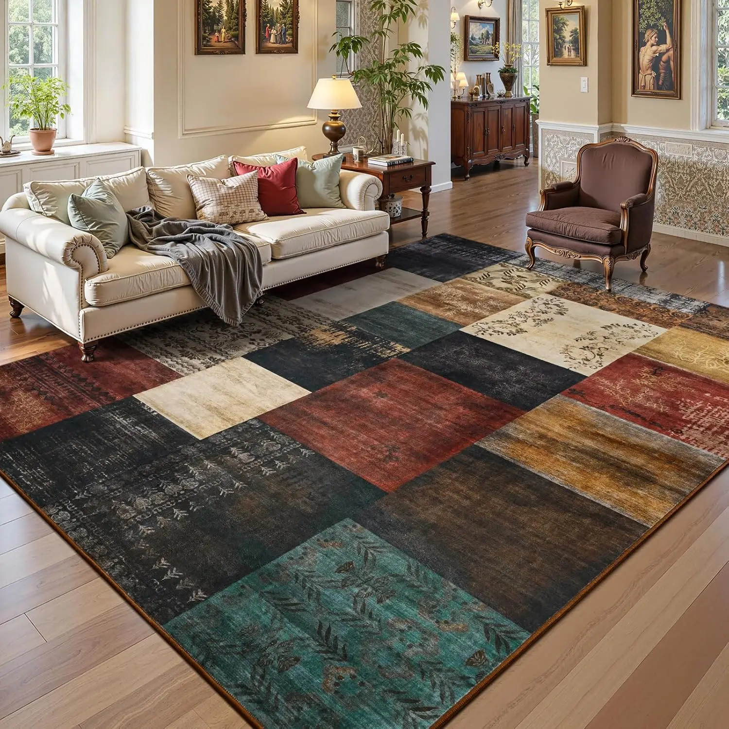 Vintage Patchwork Print Area Rug, Multi-Color Distressed Non-Slip Floor Mat for Living Room Bedroom, Retro Home Decor Carpet