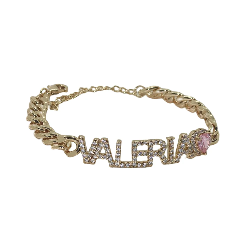lateefah pink CZ name bracelet Zircon name bracelet Women's gift Heart Custom name bracelet Thick Cuban chain number
