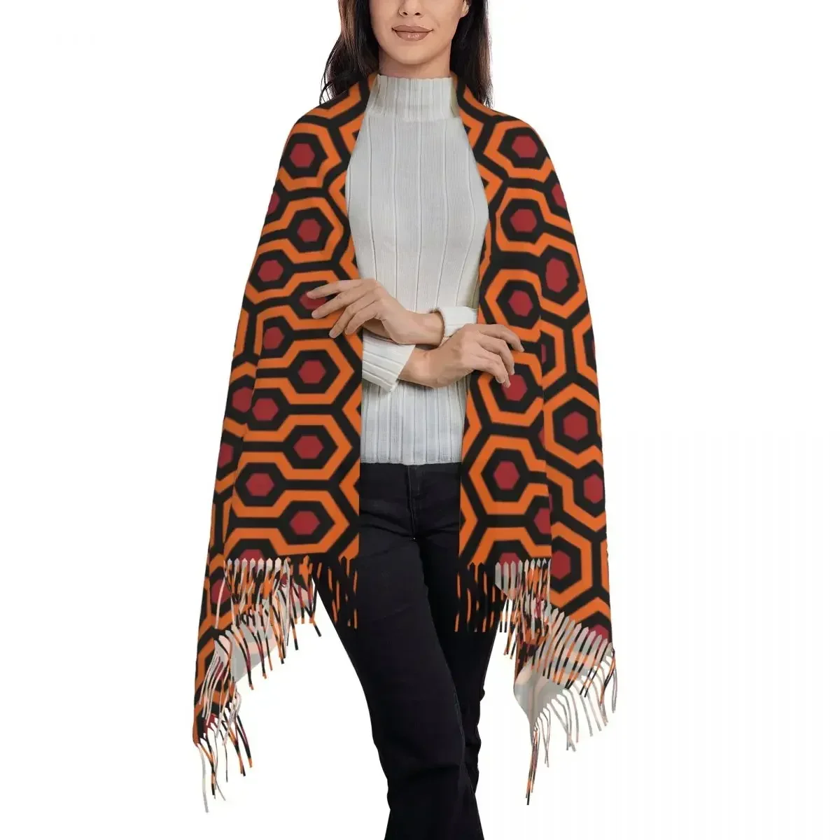 Lady Large Orange Shining Looped Hexagons Overlook Hotel Carpet Scarves Winter Fall Soft Warm Tassel Shawl Wrap Geometric Scarf