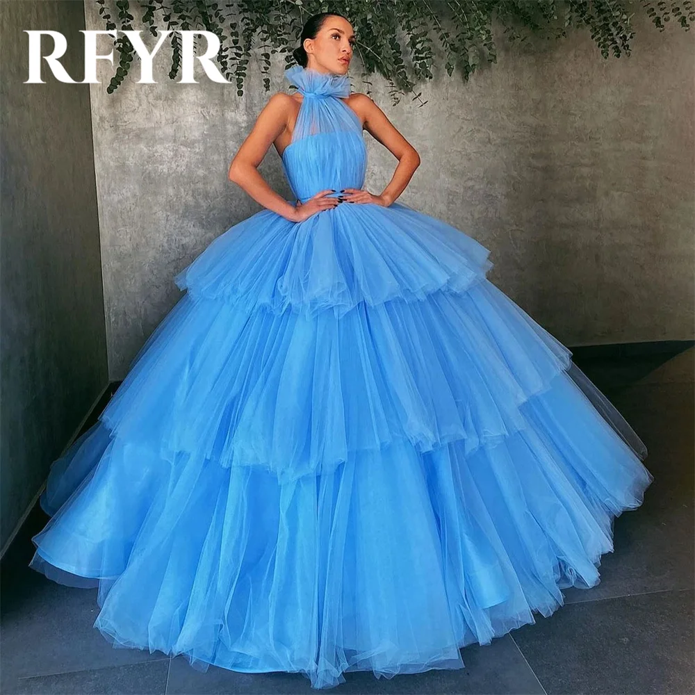 

RFYR Blue A-line Evening Dresses Corset Halter Vestidos De Noche Tiered Tulle Prom Dress with Pleats Sleeveless Long Party Dress