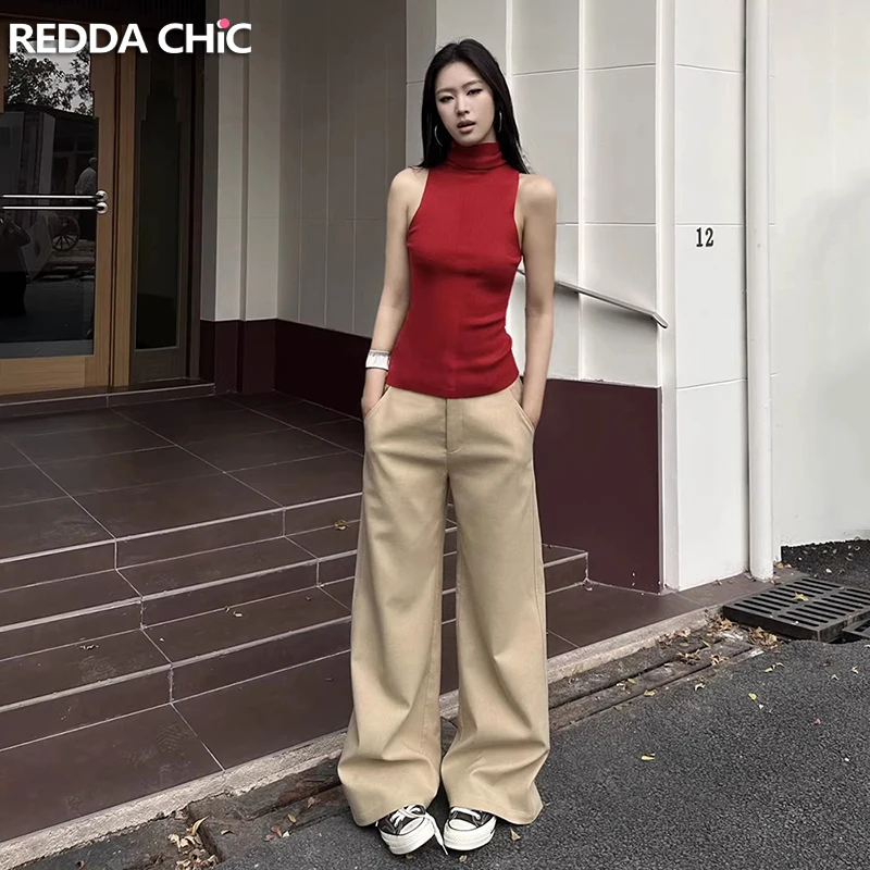 

ReddaChic Women Solid Khaki Suit Trousers School Causal Wide Leg Clean Fit Straight High Rise Palazzo Pants Minimalist Clothes