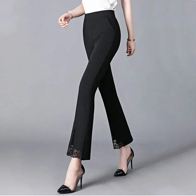 

Office Lady Lace Patchwork White Elastic Waist Boot Cut Pants Summer Solid Color Wild Popularity Comfortable Women Clothing E40