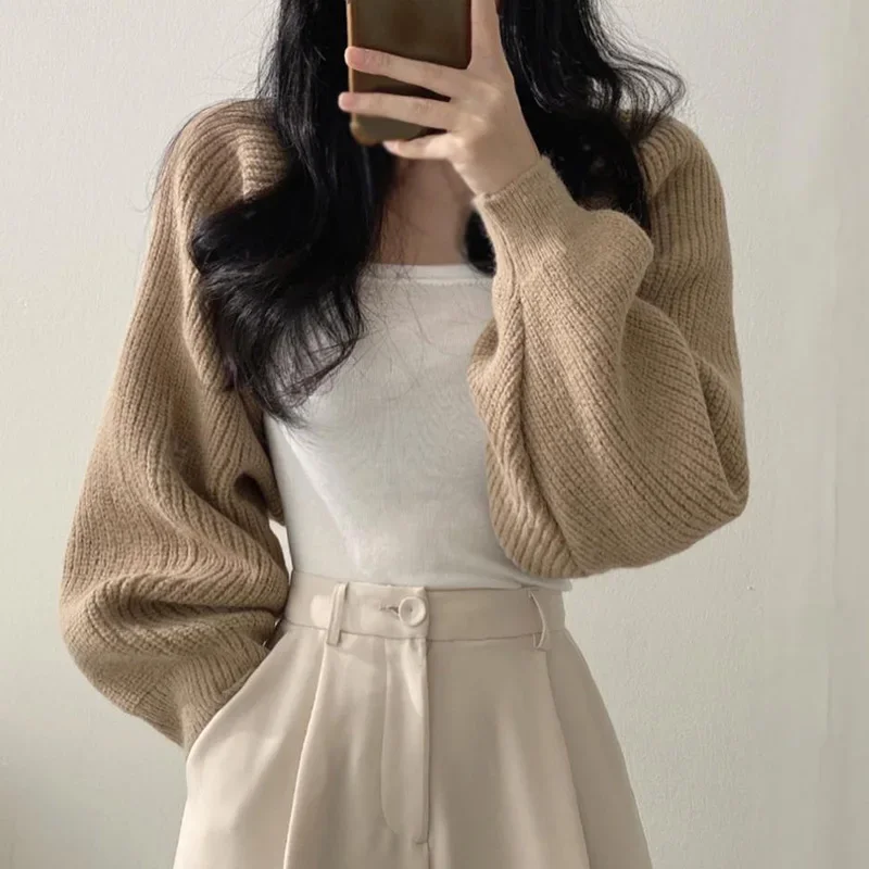 Autumn Knitted Short Cardigan Women\'s Lantern Sleeve Thick Sweater All-Match Shawl Fashion Ladies Top Solid Color