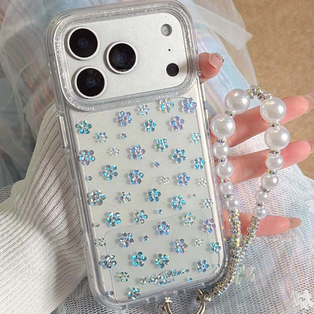 Cute shiny glitter flower stars imd back cover bracelet phon
