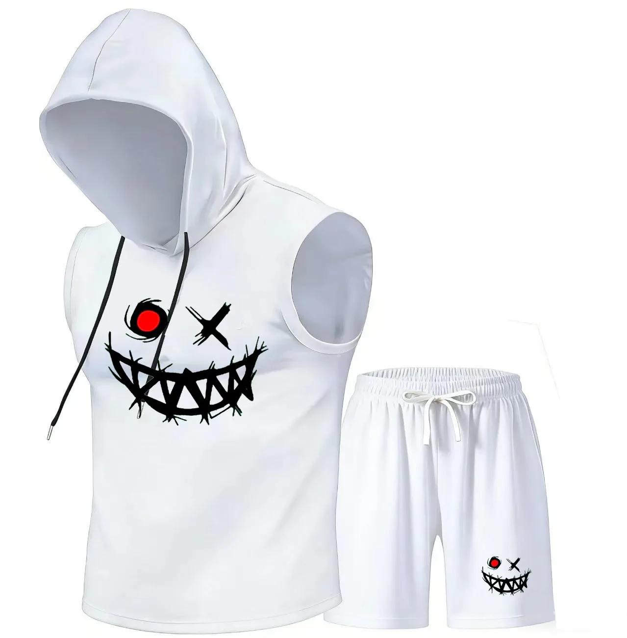 

Men's hooded vest set, sleeveless hooded T-shirt, vest and shorts set, summer sports, gym training, outdoor sports and leisure