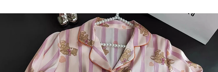 Herbst und Winter Damen Pyjamas Cartoon Rosa Gestreift Bär Pyjamas Strickjacken Lange Ärmel Hosen Loungewear Zweiteiliges Set – Detail 2