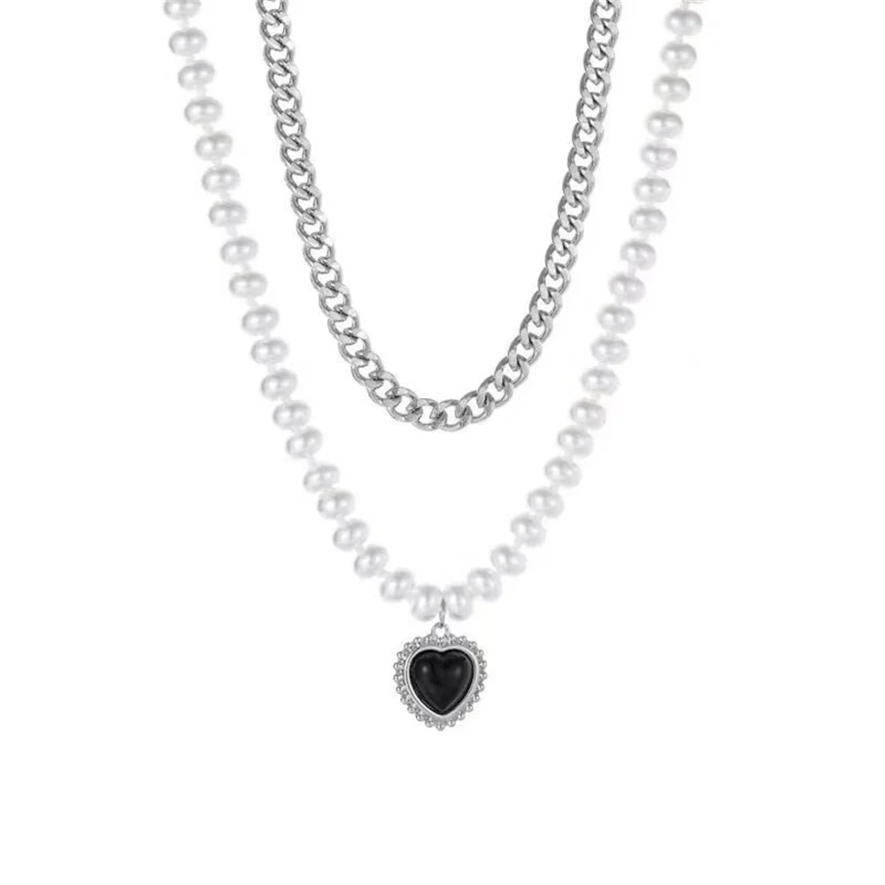 Vintage Schwarze Herzanhänger-Halskette für Frauen Rock Mehrschichtige Imitationsperlen Kubanische Kette Choker Modeschmuck Dropshipping – Detail 6