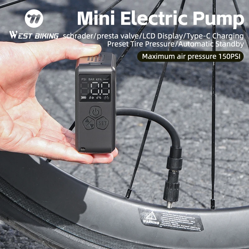 WEST BIKING Mini Electric Pump 150PSI Portable Bicycle Tire Inflator LCD Display Motorcycle Car E-bike MTB Road Bike Pump AV/FV