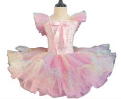 Kids Ballroom Clothing Pink Lace Sequined Modern Dance Tutu Dress Girls Jazz Dance Dresses Children Stage Wear Princess Dress