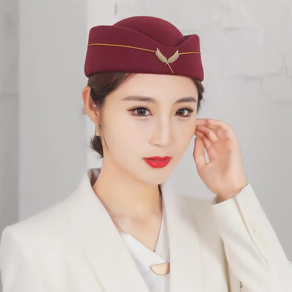 Air Hostesses Hat Formal Uniform Cap Woolen Women Air Hostesses Berets Elegant Embroidery Badge Decorative Stewardess Cap