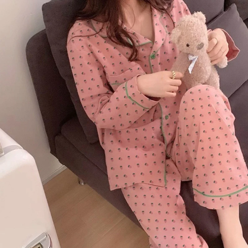 Sleepwear Korean Pajamas Women Cute Heart Print Long Sleeve Female Pajamas Set