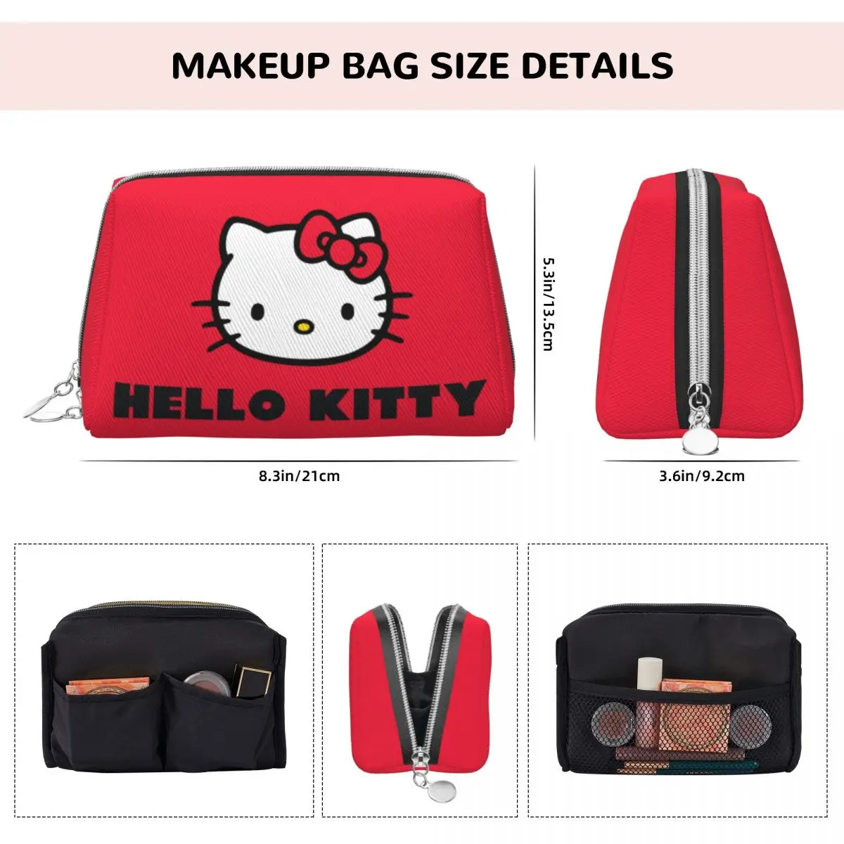 Fashionable Girl Cosmetic Cases HELLO KITTY HEAD Leather Makeup Bag Merch Large Capacity Zipper Toiletry Case