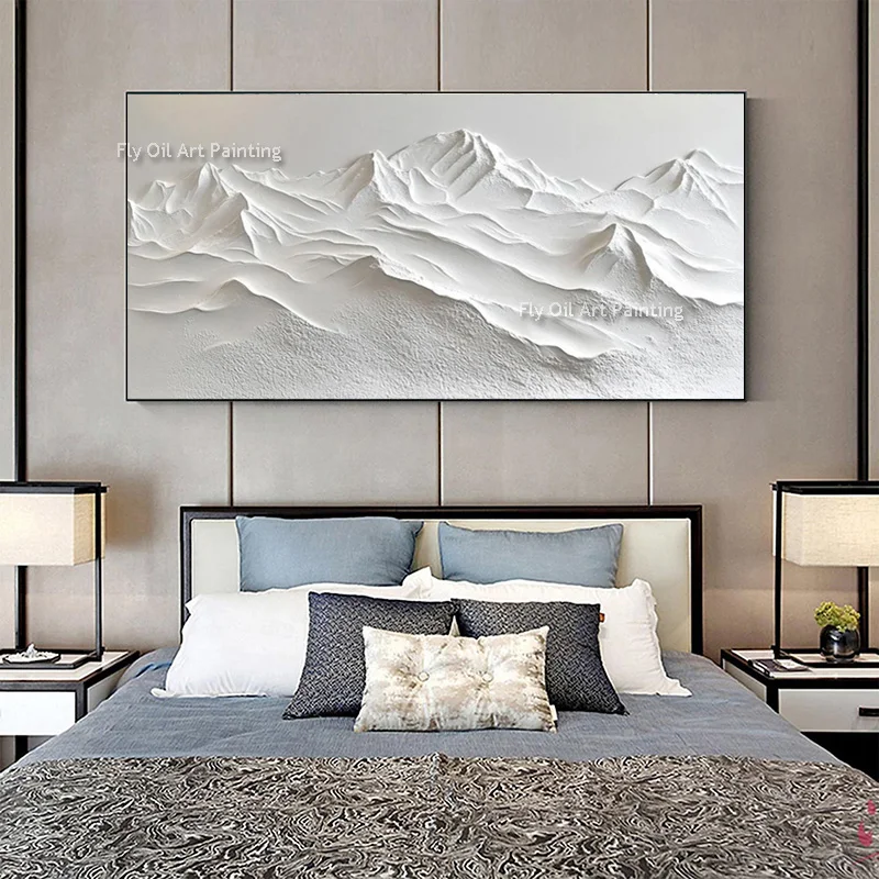 Heavy Texture White Mountain Range Oil Painting Modern Neutral Scenery Canvas Wall Art Handmade Textured Landscape Artwork