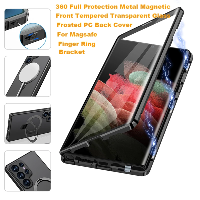 For Magsafe 360° Full Protected Metal Magnetic Bracket Ring Phone Case For Samsung S23 S22 Ultra Double-Sided Glass Bumper Cover