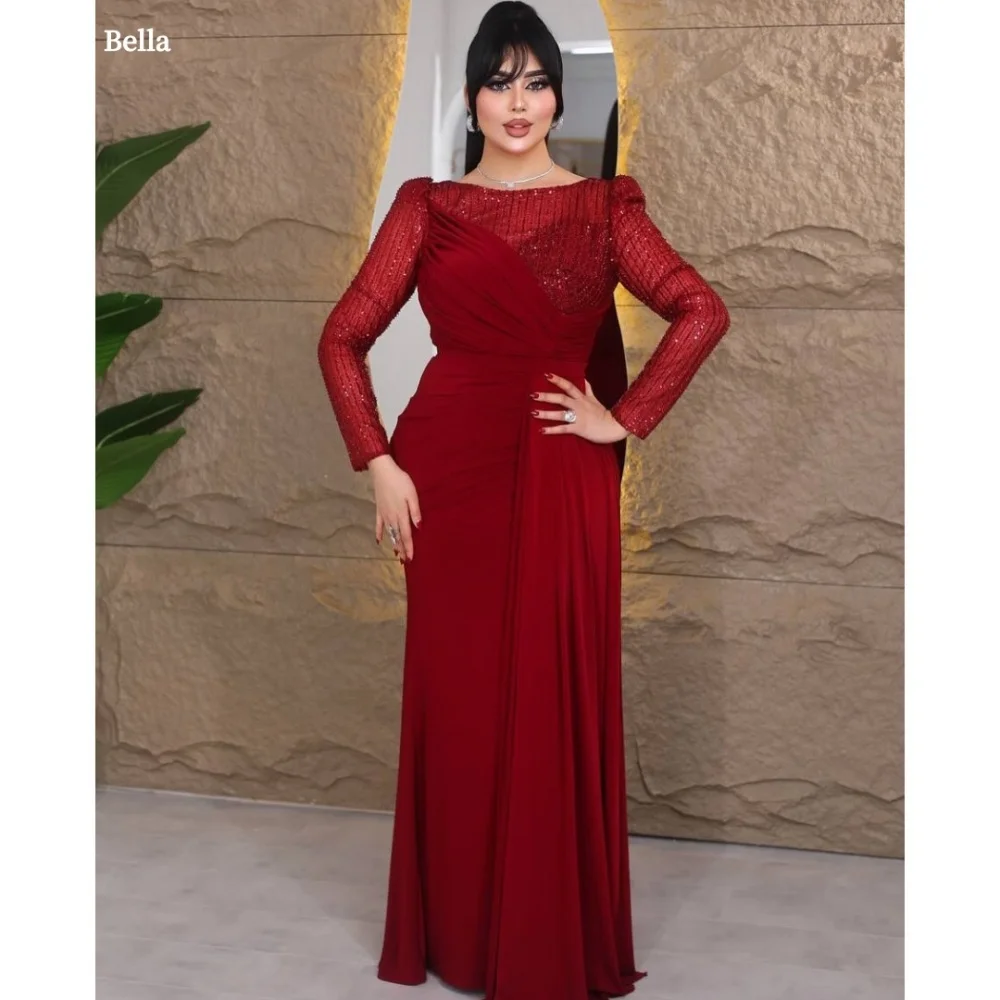 

Bella Customized Red Beaded Long Sleeves robes de soirée Shoulder Pads Party Dresses Chiffon Floor-Length A-line Prom Dress 2025