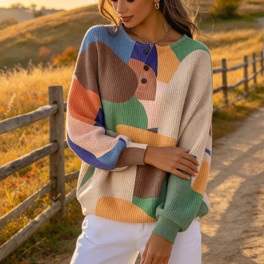 Women Plaid & Geometric Print Tops Waffle Texture Button Down Long Sleeve Shirts Loose Fit Casual Autumn Daily Wear Blouses
