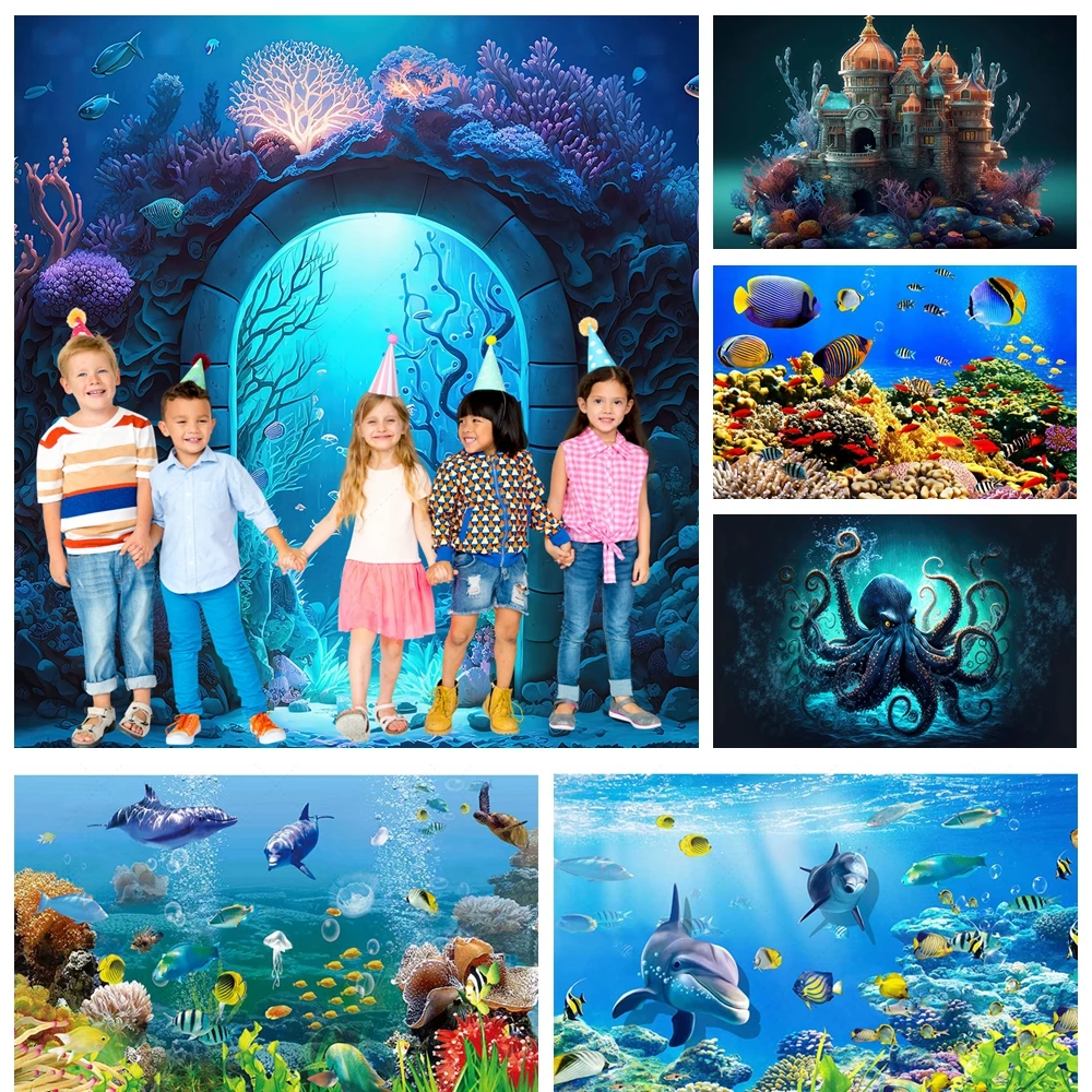 

Underwater world photography background aquarium ocean bottom coral fish octopus photography studio photo professional props