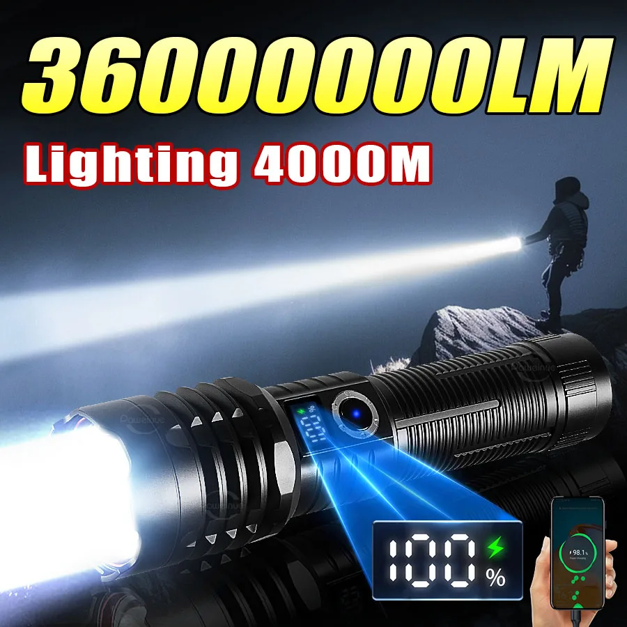 

Pop 3600000LM Ultra Bright Flashlight Rechargeable Tactical Torch Long Range 4000M Waterproof Handlight Outdoor Fishing Camping
